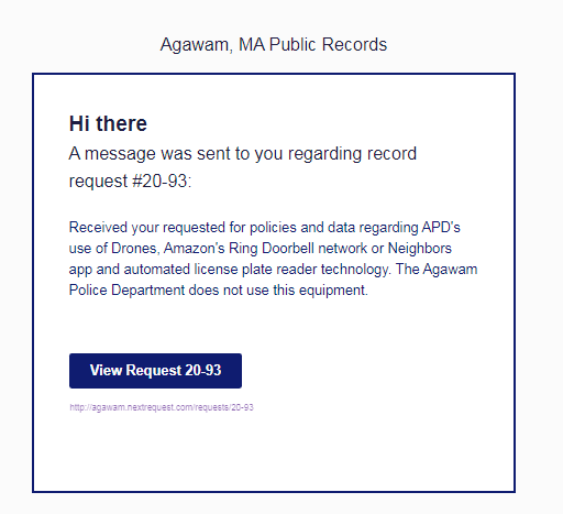 Agawam Massachusetts Public Records Response