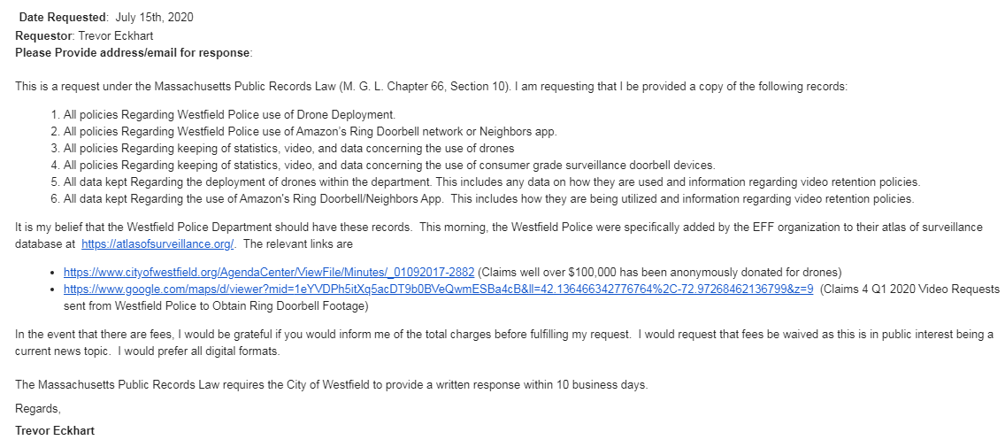 Westfield MA Drone and Ring FOIA Request